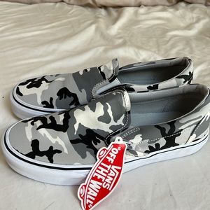 Gray Camo Slip On Van Sneakers- 8.5 womens and 7 mens